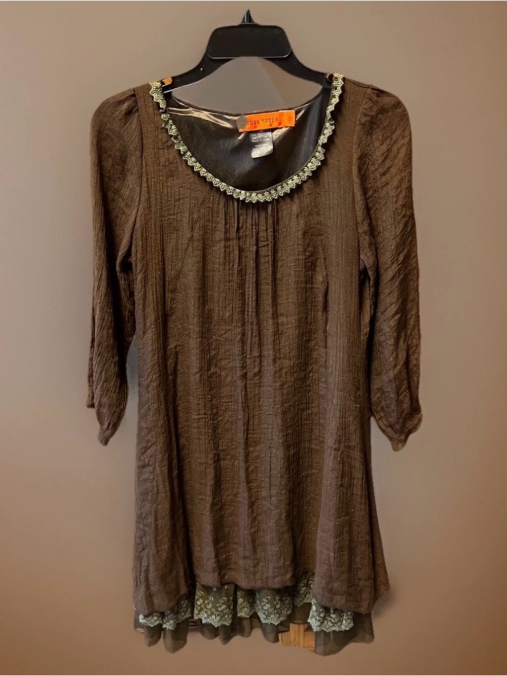 Urban Mango Brown Embellished Scoop-Neck Layered Mini Dress S Lace